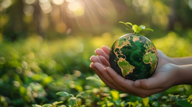 A person is holding a green globe with a green leaf on it