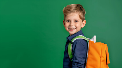 Portrait of happy boy from elementary school with schoolbag on green background. Back to school