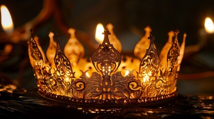 A regal crown crafted from golden filigree, reflecting shimmering candlelight.