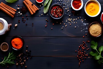 Flat lay of proteins surrounded by spices and seasonings on table