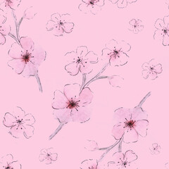 seamless pattern witch watercolor cherry blossom
