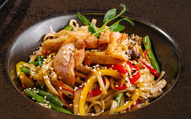 Asian-style stir fry noodles with vegetables and chicken