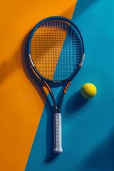 Obraz premium Closeup tennis ball and racket on line point on clay court with peach blue background