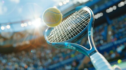 Naklejka premium Close up of tennis racket with ball at tennis tournament, stadium background, lifestyle concept