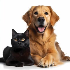 black cat and happy golden retriever dog, geneerative ai