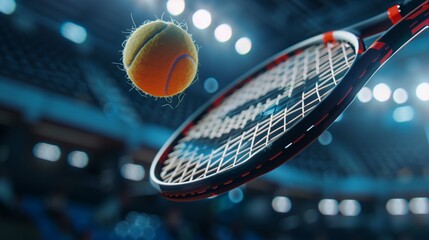 Close up of tennis racket with ball at tennis tournament, stadium background, lifestyle concept