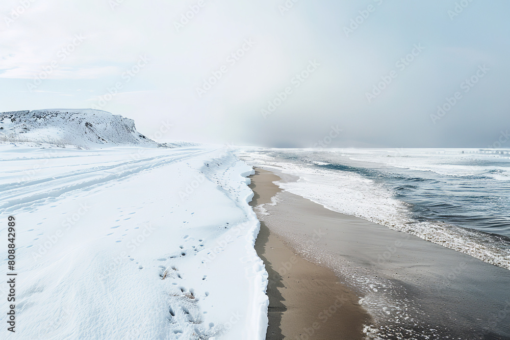 Sticker Contrasting Climates: Snowy Landscape Meets Sandy Beach  