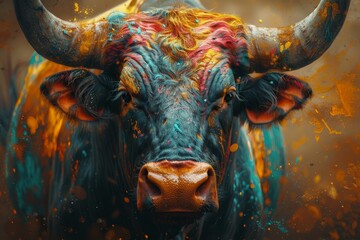 A uniquely artistic bull portrait adorned with a riot of vibrant colors and paint splashes