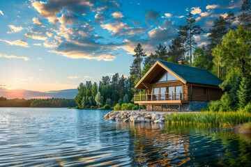 Lakeside wooden cabin at golden hour