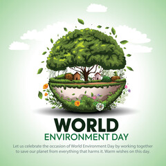 world environment day poster. green plant and globe. abstract vector illustration design.