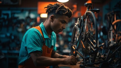 A young man repairs bicycles in a bicycle workshop.