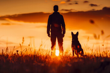 Man and dog silhouette against sunset