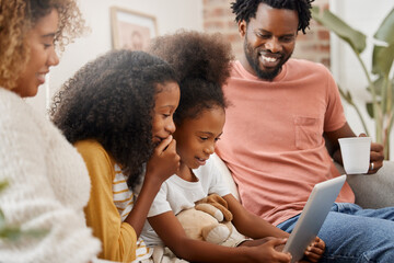 Black family, kids and tablet for education, learning or gaming on sofa of home living room...