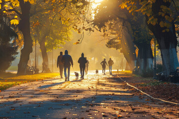 Golden autumn park scene with walking people