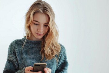 Young Caucasian Woman Using Smartphone against White Background