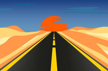 Road between deserts heading to sunset on horizon
