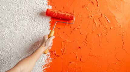 Hand painting wall with vibrant orange paint