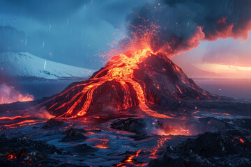 Volcanic eruption under stormy weather