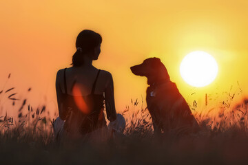 Silhouette of woman and dog at sunset