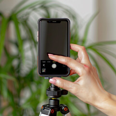 A woman's hand is pointing at the phone on top of an tripod