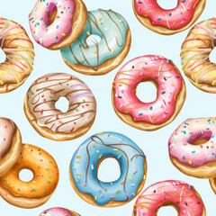 Variety of Decorated Doughnuts on a Pastel Blue Background