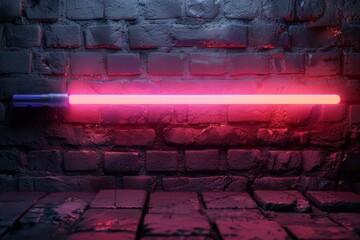 A dazzling neon lightsaber illuminates a wet brick wall with vibrant pink and blue hues, reflecting off the damp surface