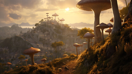 Agaricus mushrooms on a hill overlooking a bustling medieval town as the sun sets, casting a golden glow.