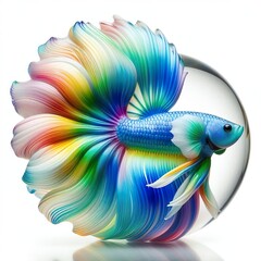 Fototapeta premium A stunning blown glass sculpture of a playful, cute Betta fish with seamlessly blended rainbow colors, white background