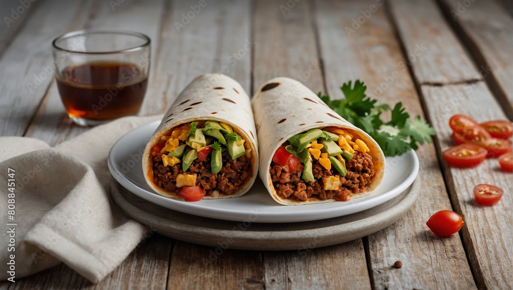 Wall mural Image of a plate of burritos placed on a white plate on a wooden table 63 - Wall murals