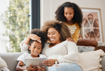 Black family, tablet and video for education, gaming or streaming on sofa of living room in home...