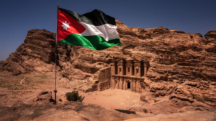 The Monastery at Petra, Jordan with Jordan Flag