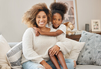 Smile, hug and portrait of mother with child on sofa for mothers day love, bonding and care at...