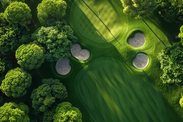 Beautiful top-down aerial shot displaying the picturesque green landscape of a golf course with contrasting sand traps