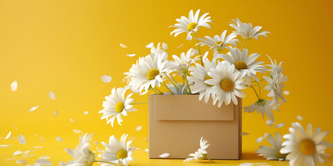 A bunch of white daisies in a box on a yellow background
