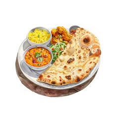Watercolor illustration of Indian food, naan and saffron rice, vegetable curry and butter chicken curry on white background