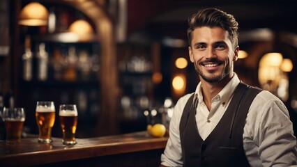 Handsome man bartender, smiling in bar, copy space.