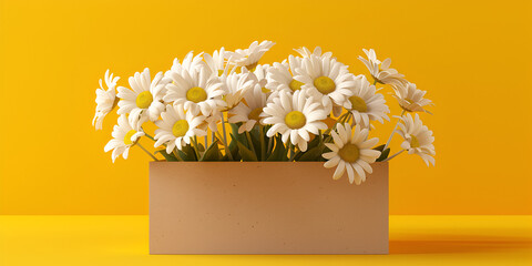 cheerful vibrant nature spring fresh white daisies in a box on a yellow background