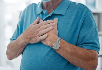Senior man, chest and hands for heart attack, hospital and stress on lungs or anxiety emergency. Elderly male person, pain and cardiovascular stroke or asthma, cardiac arrest and disease or distress