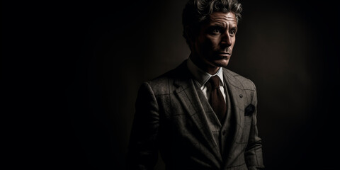 Obraz premium Elegant Man in Classic Italian Suit. Portrait of a Businessman on a Black Background