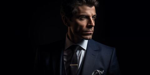 Fototapeta premium Handsome Man in Classic Italian Suit. Portrait of a Businessman on a Black Background