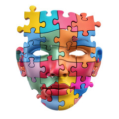 human face made of puzzle pieces illustration isolated on transparent background, autism awareness and neurodiversity concept