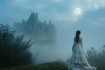 Young Caucasian Woman Unveiling the Mystique of the Misty Mansion under Moonlight Whispers