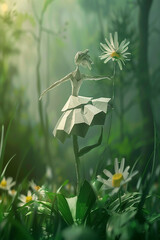 3d ballerina dancing on a daisy flower in forest made with generative AI