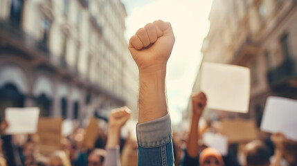 Clenched fist raised high against a blurred background of protesters, symbolizing solidarity and strength during a demonstration.