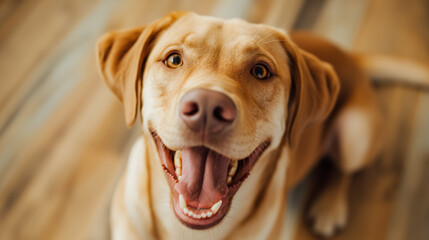 Joyful Labrador retriever looking up with a wide, open mouth smile, eyes bright and ears perked, against a wooden floor background.