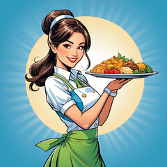 Pop Art Drawing, Smiling woman waitress serving large plate of food
