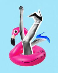 Poster. Contemporary art collage. Woman's legs resting on pink body of vibrant pink flamingo float against blue background. Concept of summertime, holidays, vacation, party, fashion and style.