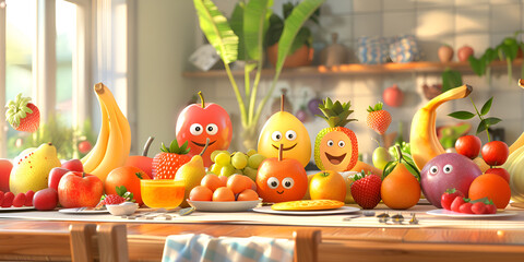 Smiling Group of Fruits and Vegetables on kitchen shelf with sunny room