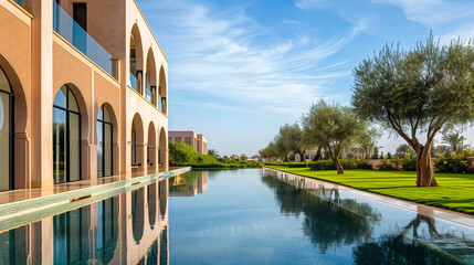 Fototapeta premium Pool area near the house in modern style with panoramic windows and views of the green mountain landscape