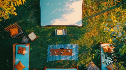 A picnic blanket is spread out on a vibrant green lawn surrounded by tall trees, shrubs, and colorful flowers, creating a picturesque tableau for a relaxing outdoor event AIG50